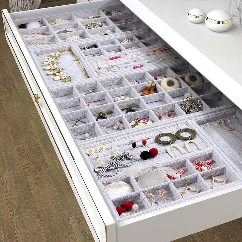 Pimuza Grey Velvet Stackable 30 Compartments Jewelry Tray Showcase Display Organizer Holder Rectangle Storage Box Case Containers Chest for Women Crystal Stone,Stud Drop Earring,Watch,Bead,Trinket,Diamond - Image 4